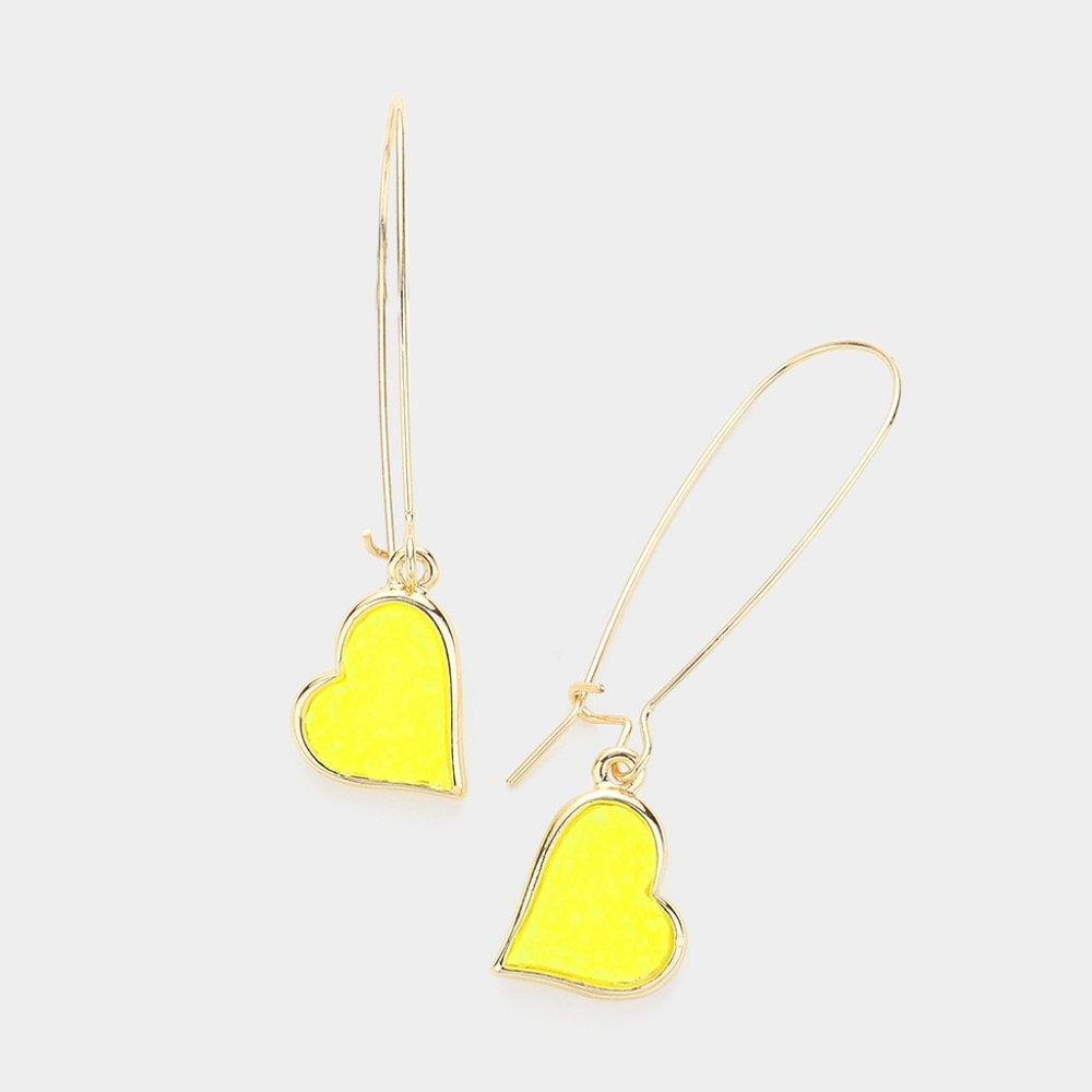Yellow Heart Druzy Dangle Earrings 2.1" Drop Wire Simple Jewelry Stone Gold Love